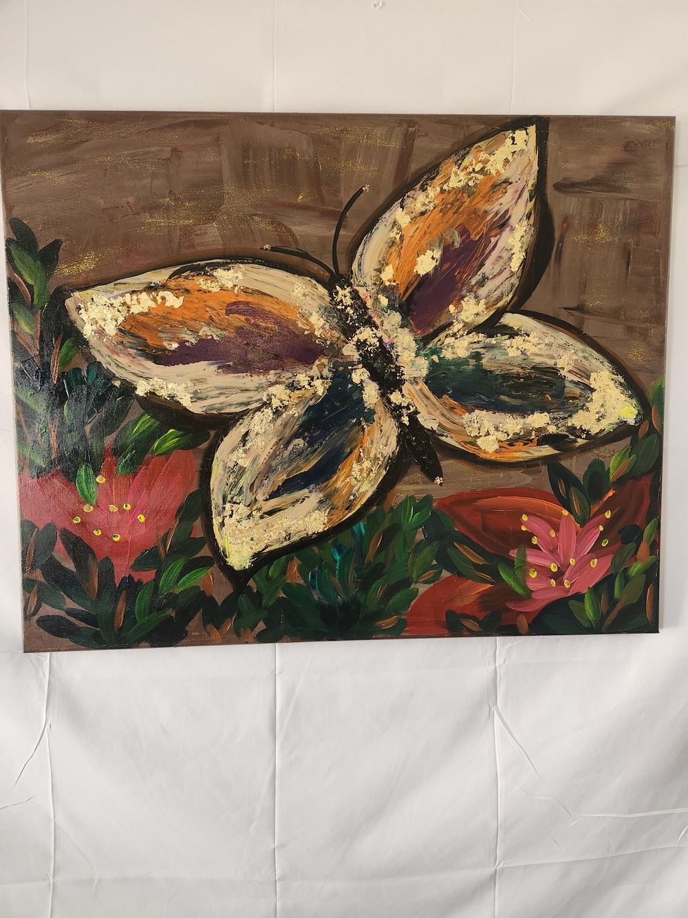 Hand-Painted Butterfly Canvas Wall Art in Brown and Cream